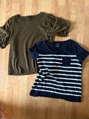 Talbots Navy & White Striped Short Sleeve Tee and Olive Puff Sleeve Top